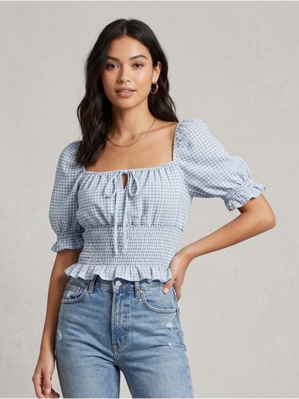 Blue Gingham Smocked Puff Sleeve Crop Top Size: M